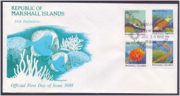 Coral Reef Marine Life Underwater, Trumpet Fish, Balloon Fish, Parrot Fish, Sea Creatures, Animal, Marshall FDC 1988 - Peces