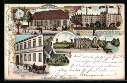 Lithographie Etgersleben, Gasthof Z. König Von Preussen, Restaurant Von E. Koch, Bahnhof Und Schnuck`s Mühlen  - Sonstige & Ohne Zuordnung