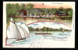 Lithographie Berlin-Rauchfangswerder, Restaurant Wald-Haus, Uferpartie Mit Ruderboot  - Köpenick