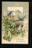 AK Frühlingslandschaft Mit Vögelchen Und Erblühenden Bäumen, Fröhliche Pfingsten  - Pentecostés