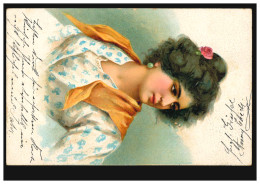 Künstler-Ansichtskarte Frauenportrait Mit Schwarzen Locken, Rose Im Haar,1904 - Ohne Zuordnung