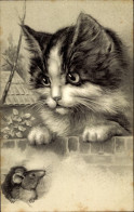 Lithographie Kleine Katze Beobachtet Eine Maus - Other & Unclassified