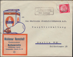 Landpost Schwarmitz über Züllichau Auf OSRAM-Brief ZÜLLICHAU LAND 8.1.34 - Lettres & Documents