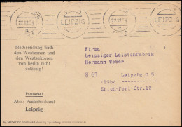 DDR-Postsache 22.12.54 Leipzig: Nachsendung Westzonen Westberlin Nich Zulässig! - Autres & Non Classés