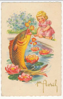 CPSM / CPM Dentelée 9 X 14 Poisson Fillette Bassin Nénuphar Fleur 1er Avril - 1° Aprile (pesce Di Aprile)