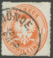LÜBECK 9A O, 1863, 1 S. Rötlichorange, Durchstochen 11 3/4, K1 TRAVEMÜNDE, Oben Teilweise Schwerenschnitt Sonst Pracht,  - Lübeck
