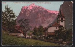 AK Grindelwald, Kirche Mit Glühendem Wetterhorn Und Strasse  - Grindelwald