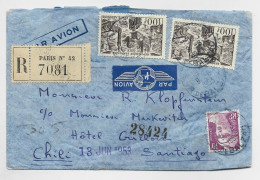 FRANCE GANDON 10FR + PAX2 LETTRE REC AVION  PARIS 42 1953 POUR SANTIAGO CHILI AU TARIF - 1945-54 Marianne (Gandon)