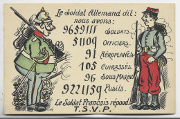 CARTE LE SOLDAT ALLEMAND DIT NOUS AVONS SOLDATS AEROPLANE SOUS MARINS FUSILS LE SOLDAT FRANCAIS REPOND - 1. Weltkrieg 1914-1918