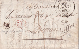 LETTRE. 22 NOV 1837. RENNES. ILLE ET VILLAINE. CURSIVE 34/Liffré. DECIME. ORIGINE RURALE OR =FORGE DE LA VALLEE POUR DIN - 1801-1848: Vorläufer XIX