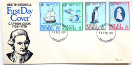 Capitaine COOK, South Georgia, Enveloppe Illustrée, 4 Timbres Voyages De COOK, Oblitérée - Briefe U. Dokumente