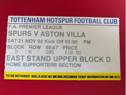 Football Ticket Billet Jegy Biglietto Eintrittskarte Tottenham Hotspur - Aston Villa 21/11/1992 - Tickets D'entrée