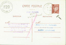 Guerre 40 Cachet Relations Postales Suspendues Avallon 1942 Entier Pétain Pr Algérie Débarquement Alliés Retour Envoyeur - Oorlog 1939-45