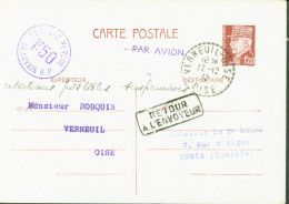 Guerre 40 Manuscrit Relations Postales Suspendues Verneuil Oise Entier Pétain Pour Tunisie Débarquement Alliés - Oorlog 1939-45