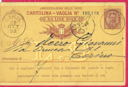 INTERO CARTOLINA-VAGLIA UMBERTO C.15 DA LIRE 9 (CAT. INT.13) - DA CIRIE'*22.OTT.93* PER TORINO - Entero Postal