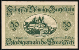 Notgeld Breisach 1919, 50 Pfennig, Ortsansicht Mit Kirche Auf Dem Hügel  - [11] Lokale Uitgaven