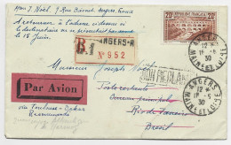 FRANCE PONT DU GARD 20FR SEUL LETTRE REC AVION ANGERS 16.5.1930 POUR BRESIL VIA TOULOUSE DAKAR PAR MERMOZ - 1927-1959 Brieven & Documenten