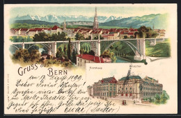 Lithographie Bern, Kornhaus Und Theater, Ortsansicht über Das Viadukt  - Bern