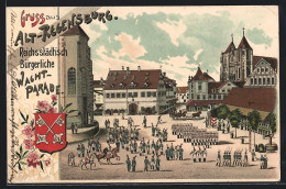 Lithographie Regensburg, Reichsstädtische Bürgerliche Wacht-Parade, Wappen  - Regensburg