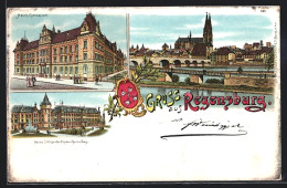 Lithographie Regensburg, Neues Schloss, Neues Gymnasium, Ortsansicht Mit Kirche  - Regensburg