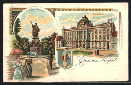 Lithographie Krefeld, Hauptpost Und Kriegerdenkmal  - Krefeld