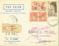 Recommandé Paris Par Avion France Turquie 1er Service Via Tunisie Damas CAD Paris RP Affranchissement Avion 2 8 45 - 1927-1959 Lettres & Documents