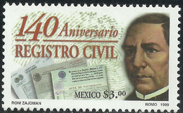 1999 MÉXICO 140 Aniversario Del Registro Civil, BENITO JUAREZ Sc. 2153 MNH, 140th Anniversary Of The Civil Registry - México
