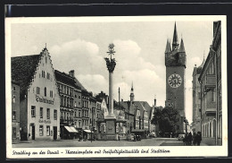AK Straubing /Donau, Theresienplatz Mit Dreifaltigkeitssäule Und Stadtturm  - Straubing