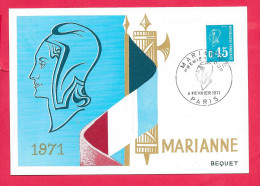 Carte Premier Jour 1971,  MARIANNE BEQUET LA REPUBLIQUE 0.45 , Dos Vierge, Belle Carte, D'après Bequet Carte Maximum - 1970-1979