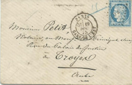 FRANCE LETTRE 25c PARIS GARE DE L' EST " PGE " POUR TROYES ( AUBE )  DE 1875 LETTRE COVER - Posta Ferroviaria