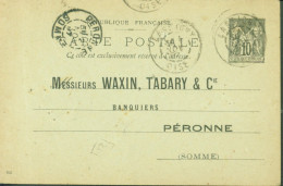 Carte Postale Privée Entier Sage 10c Noir Waxin Tabary & Cie Banquiers Péronne 140x90 Date 652 Lassigny 1897 - Bijgewerkte Postkaarten  (voor 1995)