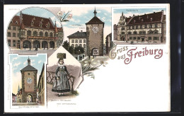 Lithographie Freiburg / Breisgau, Martinstor, Kaufhaus, Rathaus  - Freiburg I. Br.