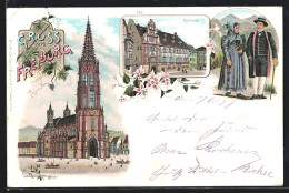 Lithographie Freiburg / Breisgau, Rathaus, Münster, Freiburger In Trachten  - Freiburg I. Br.