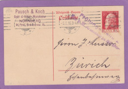 PAUSCH & KOCH, GOLD- & SILBER MANUFAKTUR,NÜRNBERG.GANZSACHE NACH ZÜRICH,ZENSURSTEMPEL AUS NÜRNBERG. - Entiers Postaux