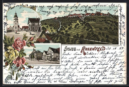 Lithographie Rosenfeld / Württ., Kirche Und Gasthaus Forsthaus, Rathaus Mit Apotheke Und Marktbrunnen, Teilansicht  - Jagd