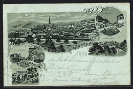 Mondschein-Lithographie Grünstadt / Weinstrasse, Post Mit Bahnhof, Burg Altleining, Neuleiningen  - Grünstadt