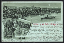 Mondschein-Lithographie Ueberlingen / Bodensee, Teilansicht, Hafen, Hödinger Tobel  - Sonstige & Ohne Zuordnung