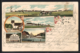 Lithographie Bitz / Württ., Die Hilb Und Gasthof Z. Hirsch, Gasthof Z. Adler, Nadelfabrik, Kirche, Gesamtansicht  - Autres & Non Classés