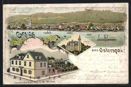 Lithographie Osterspai, Gastwirtschaft Von I.A. Müller Und Blick übers Wasser Zum Ort, Boote  - Other & Unclassified