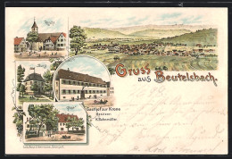 Lithographie Beutelsbach / Remstal, Panorama, Gasthof Zur Krone, Bes. K. Bahnmüller, Burg & Post  - Sonstige & Ohne Zuordnung
