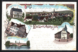 Lithographie Enzweihingen, Schloss Leinfelden, Schule U. Rathaus, Ortsansicht  - Other & Unclassified