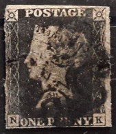 GB Queen Victoria 1840, One Penny, Black N - K , O Black Maltese Cross , BTB - Usati