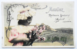 CPA Pionnière Prénom Marthe - Enfant, Fillette, Fleurs - Art Nouveau - Prénoms