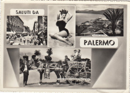 PALERMO-SALUTI DA..PIN UP E CARRETTO SICILIANO-MULTIVEDUTE CARTOLINA VERA FOTOGRAFIA VIAGGIATA IL 23-6-1958 - Palermo