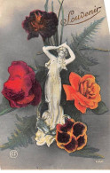 Fantaisie - N°91189 - Souvenir - Statue De Femme Au Milieu De Fleurs - Autres & Non Classés