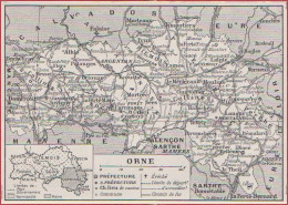 Carte Du Département De L'Orne (61). Préfecture, Sous Préfecture, Chef Lieu, Commune ... Chemin De Fer. Larousse 1948. - Documenti Storici