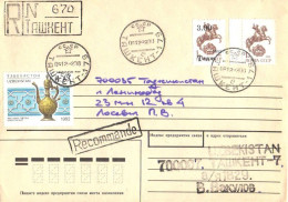 Tajikistan:Uzbekistan:Registered Cover From Tashkent With Overprinted Tajikistan Stamp And Usbeksitan Stamp, 1992 - Ouzbékistan