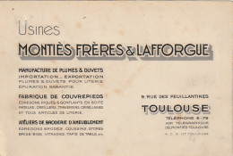 MO 22-(31) TOULOUSE - CARTE PUBLICITAIRE MONTIES FRERES & LAFFORGUE - MANUFACTURE DE PLUMES & DUVETS - 2 SCANS  - Cartes De Visite