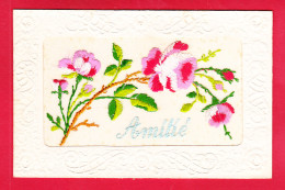 Brodee-159A38  Carte Finement Brodée, AMITIE, Fleurs, BE - Embroidered