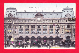 F-75-Paris-987Ph61  La Gare Saint Lazare, Vue Extérieure, Animation, Cpa Colorisée BE - Metro, Stations